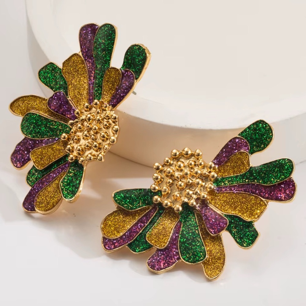 Mardi Gras Flower Statement Oversized Stud Earrings
